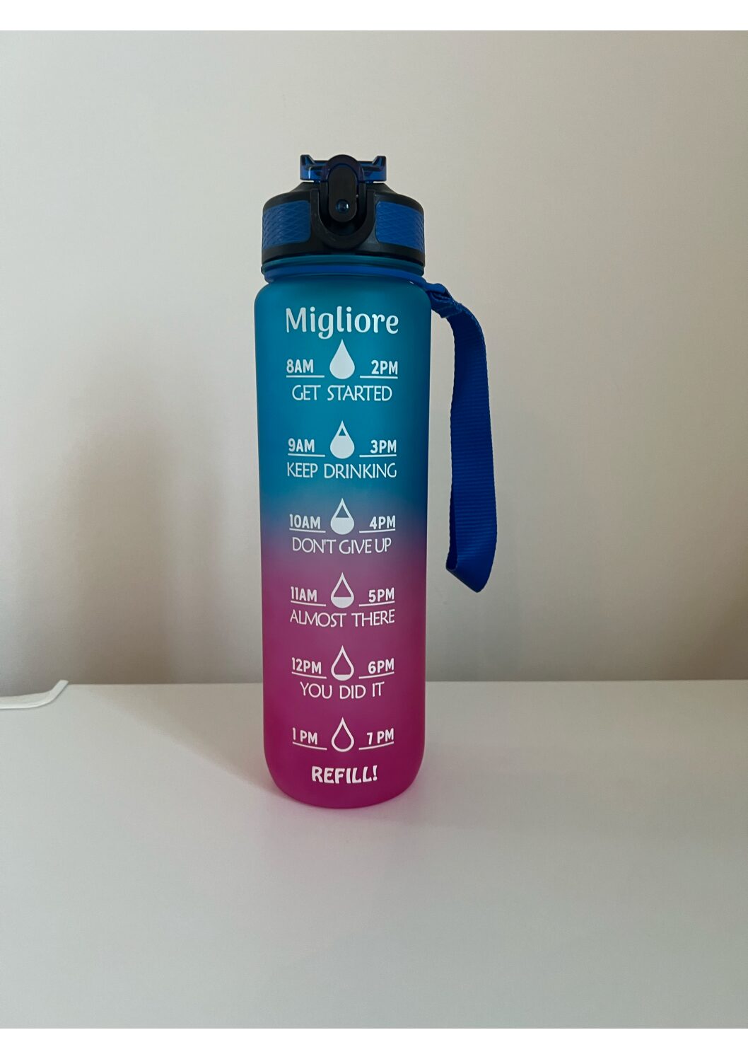Motivatie drinkfles met rietje (blauw/roze) 1000 ml